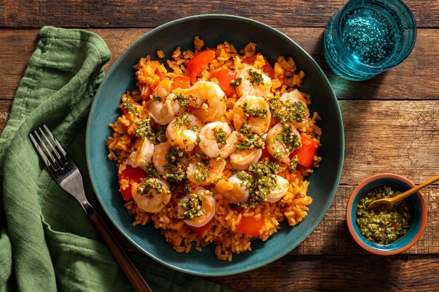 Mediterranean garlic shrimp with Spanish rice