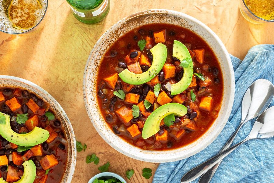 Sweet potato and black bean chili with avocado