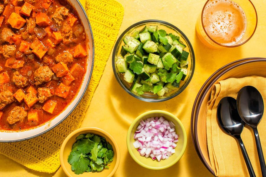 Chipotle turkey chili with sweet potato and sumac-cucumber salad