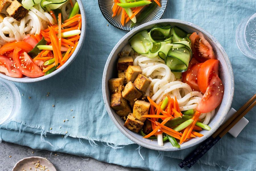 Udon noodle salad with gingered tofu and pickled vegetables