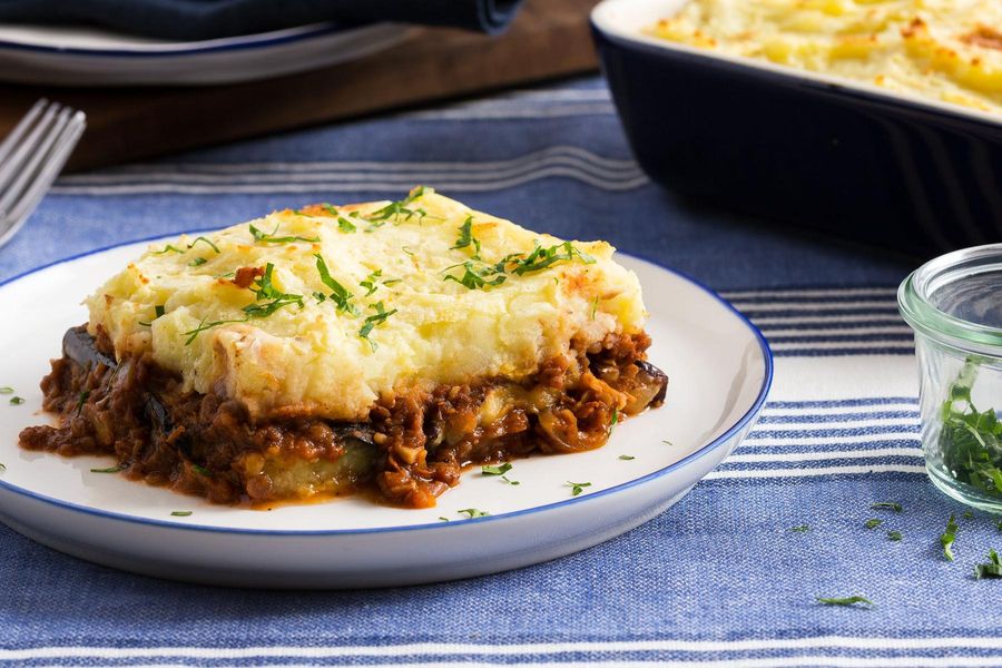 Eggplant and potato moussaka with lentil-walnut kima