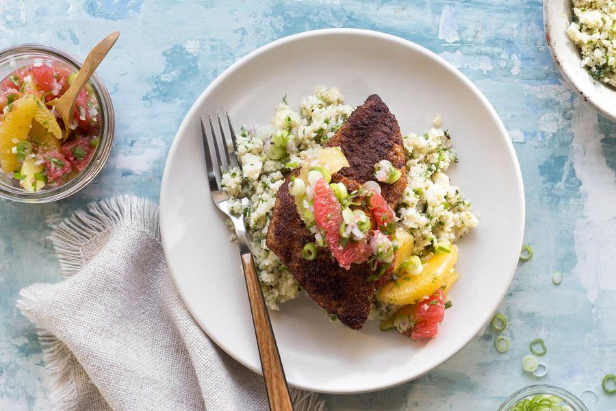 Blackened sole with citrus pico de gallo and cauliflower “rice”