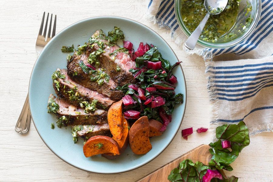 Steak with Chimichurri and Harissa-Roasted Sweet Potatoes image