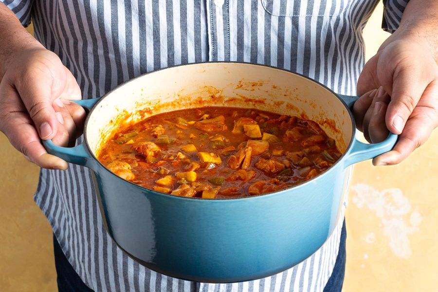 Creole chicken gumbo with summer squash over white rice