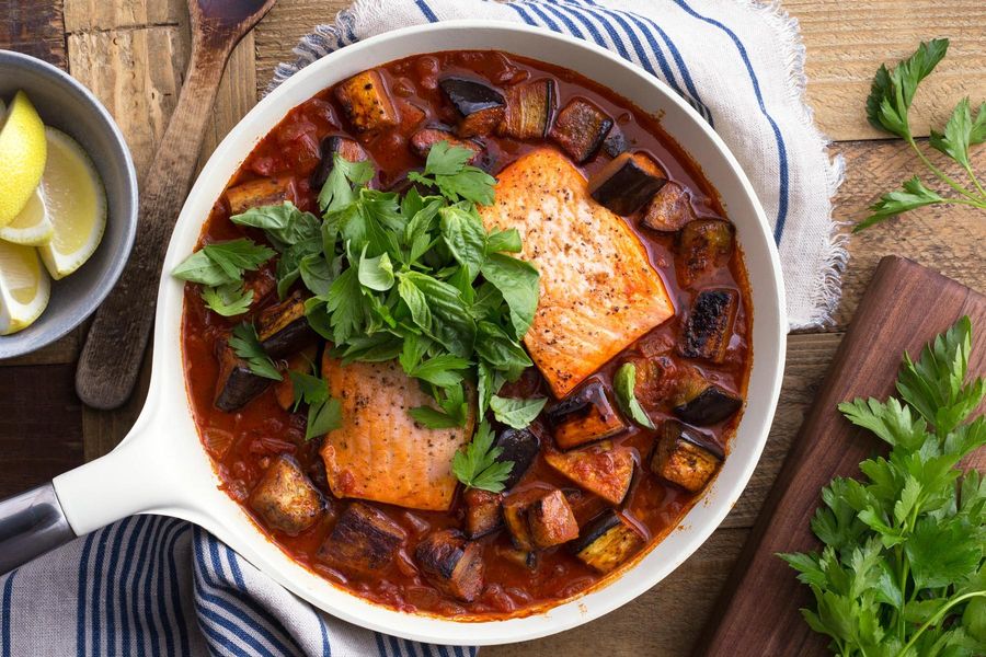 Salmon with eggplant paprikash