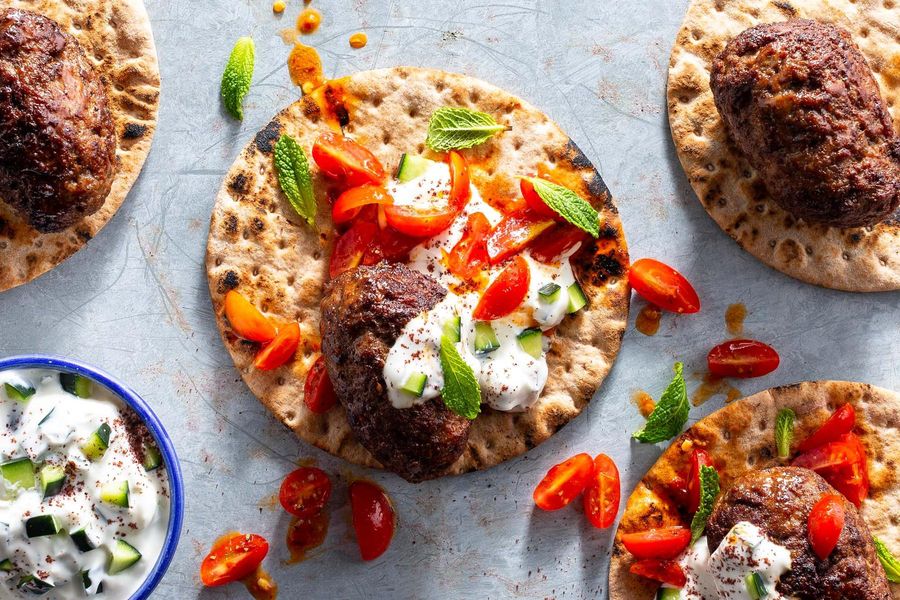 Lamb köfte with tomato relish and tzatziki