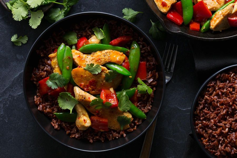 Ginger-Sesame Chicken with Sugar Snap Peas and Red Rice Image