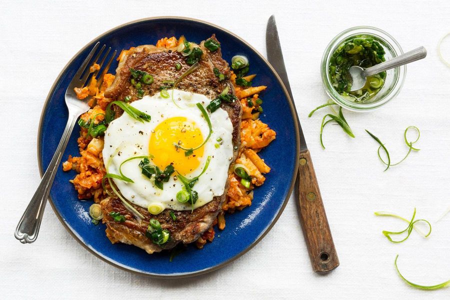 Steak and eggs with tomato-cauliflower “rice”