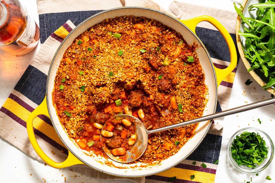 Sausage and white bean cassoulet with arugula salad