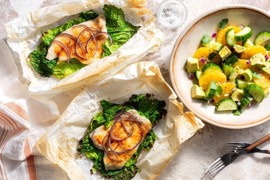 Baja sole in parchment with avocado-citrus salsa