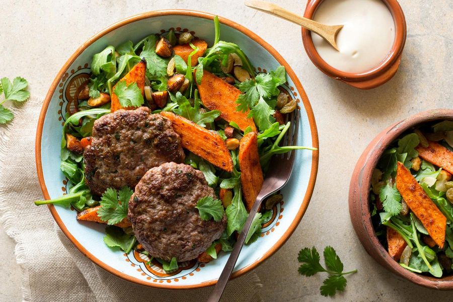 Moroccan Lamb Merguez Patties with Warm Carrot Salad photo