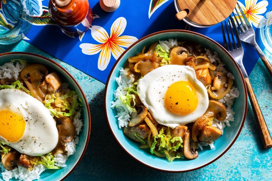 Hawaiian loco moco with teriyaki chicken and fried eggs