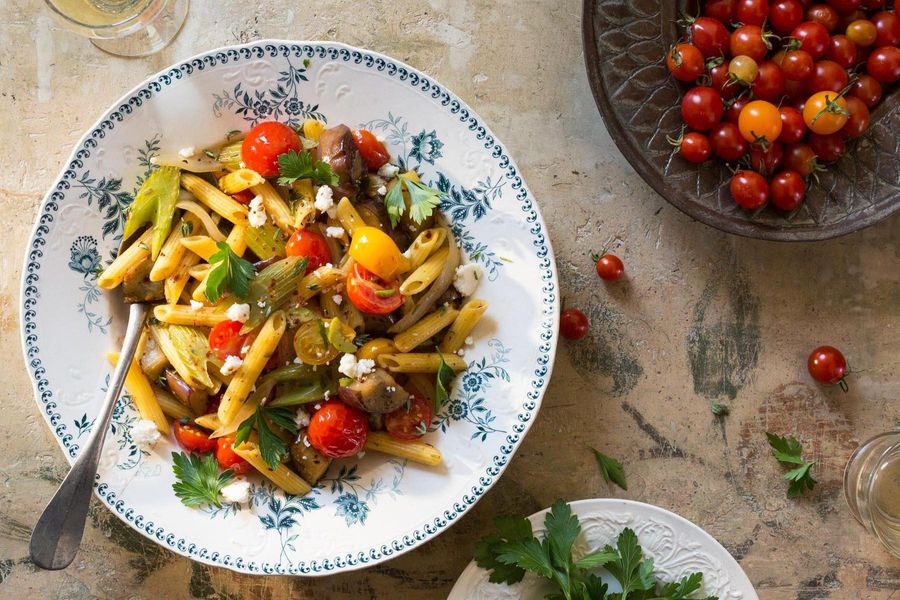 Caponata with quinoa pasta