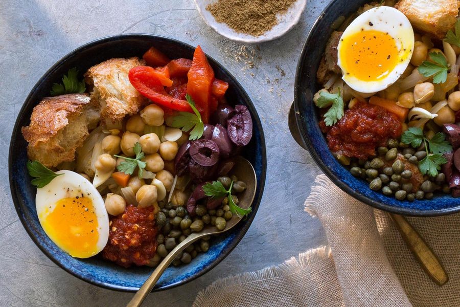 Tunisian chickpea soup with soft-cooked eggs and toasted ciabatta