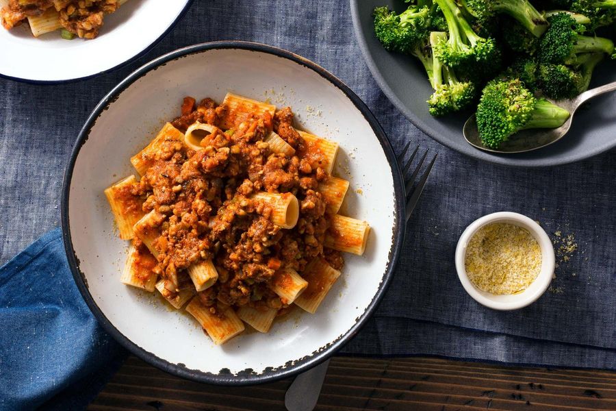 Tempeh Bolognese and gluten-free rigatoni with roasted broccoli