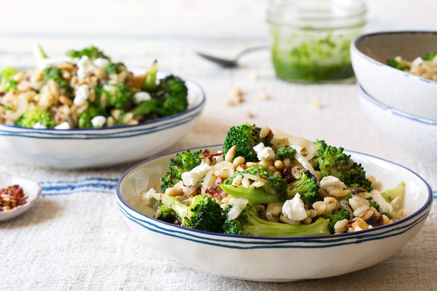 Gluten-free orzo bowls with broccoli, sun-dried tomatoes, and pistou