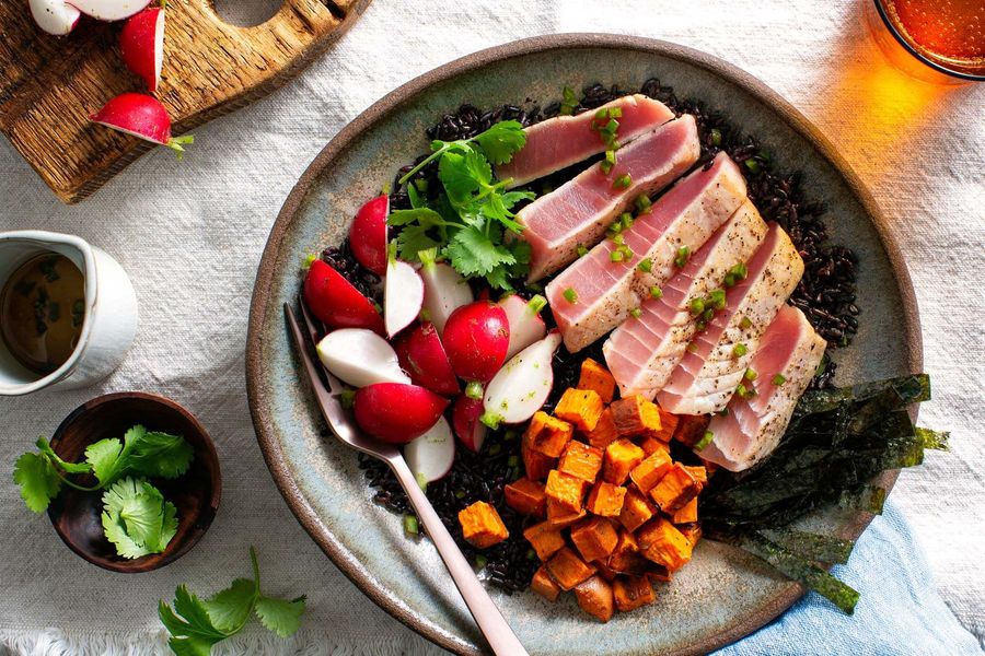 Seared tuna and black rice bowls with roasted sweet potato and nori