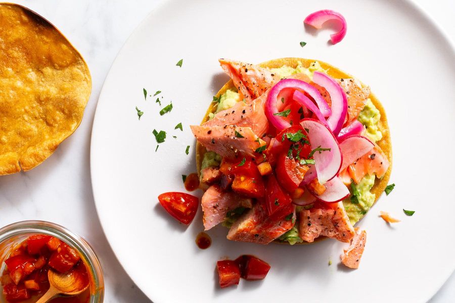 Flaked-salmon tostadas with chile-lime salsa and guacamole