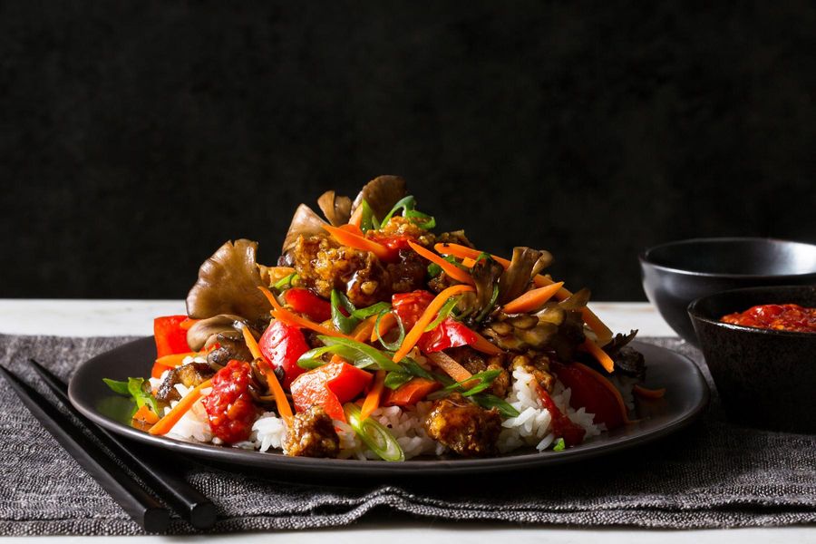 Crispy tofu stir-fry with sweet Sichuan sauce and jasmine rice