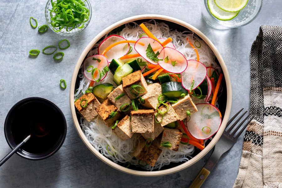 Saigon noodle bowls with braised tofu and cucumber-radish salad