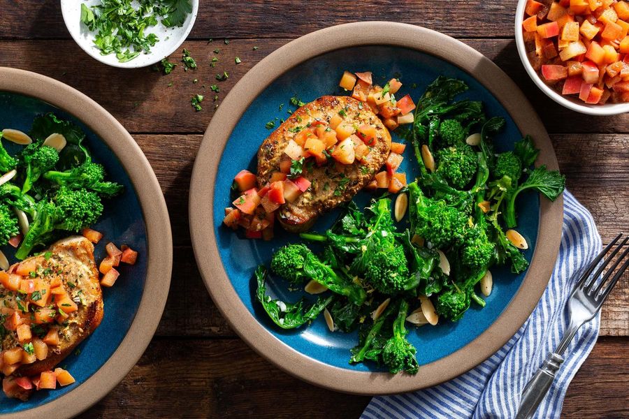 Rosemary-Dijon pork chops with chunky applesauce and broccoli rabe