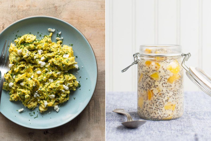 Fresh herb and goat cheese scramble & Mango-chia overnight oatmeal