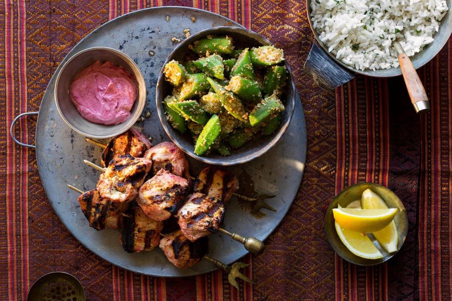 Tandoori-style chicken with coconut okra and cilantro rice