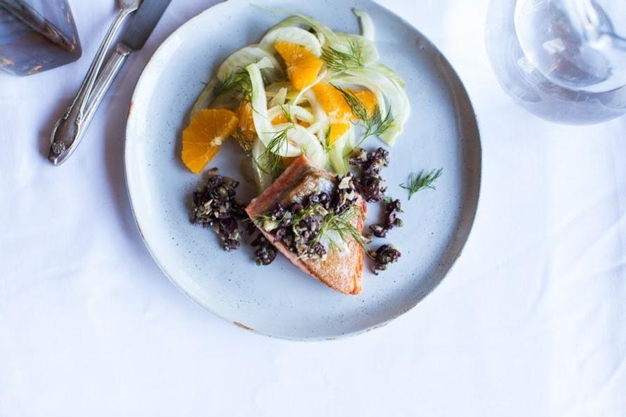 Grilled fish with artichoke tapenade and fennel-orange salad