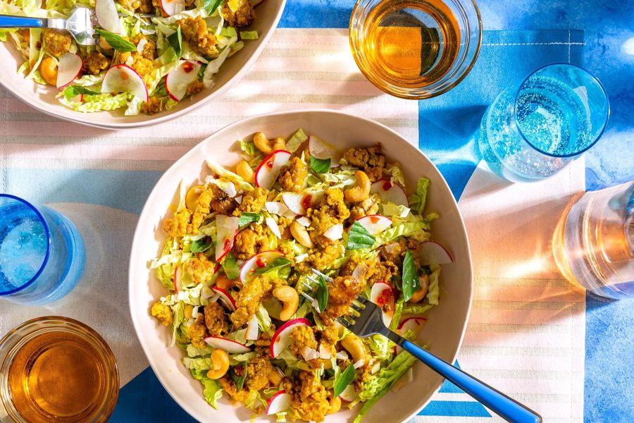 Thai turkey salad with cabbage, basil, and cashews