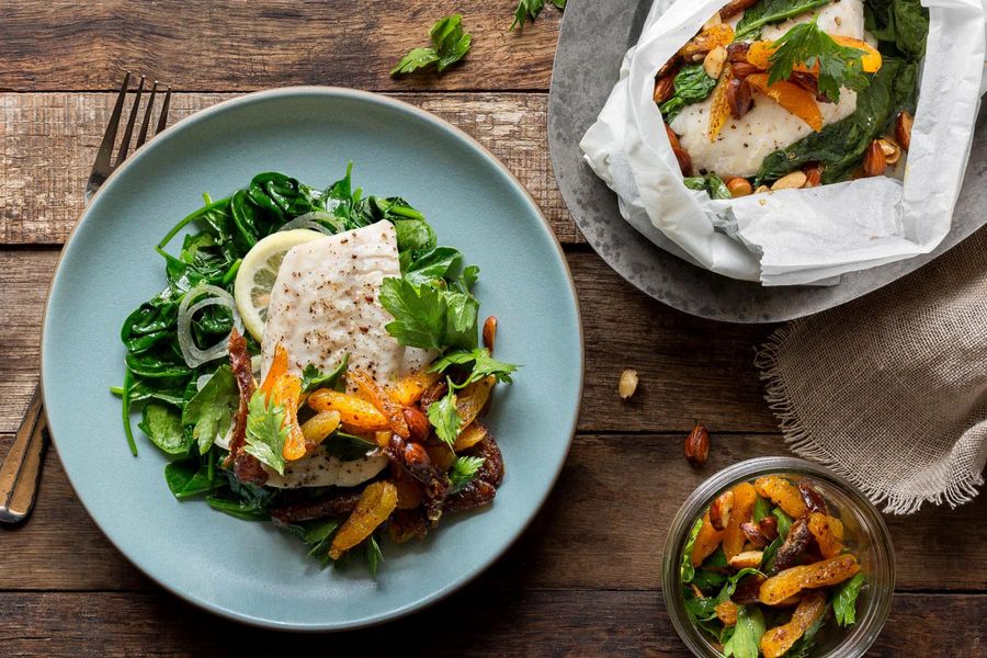 Sole in parchment with warm date and apricot salad