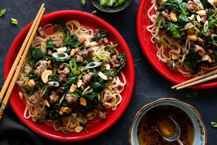 Sichuan dan dan noodles with ground pork and mustard greens