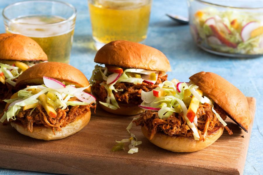 Quick and easy barbacoa pulled-pork sliders with peach slaw