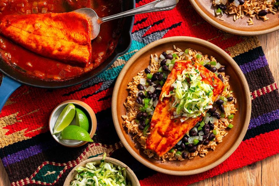 Southwestern-simmered sustainably raised trout with “dirty” rice