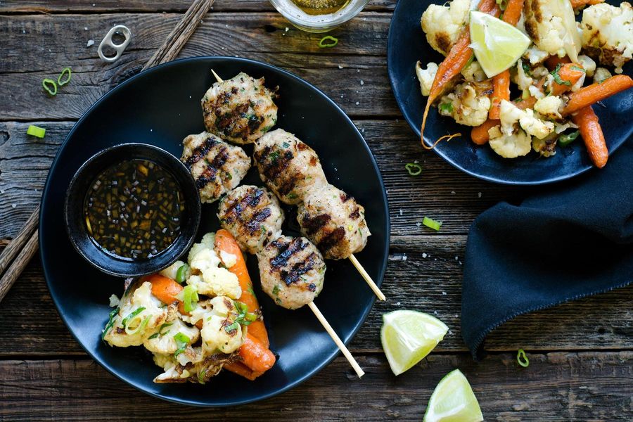 Yakitori chicken meatballs with roasted cauliflower and carrots