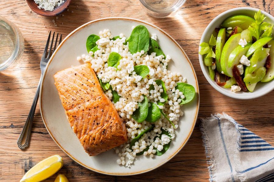 Roasted salmon with pearl couscous and date-apple salad