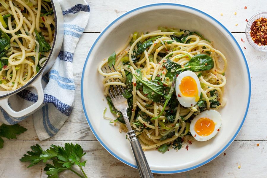 Bucatini with eggs, leeks, spinach, and preserved lemon