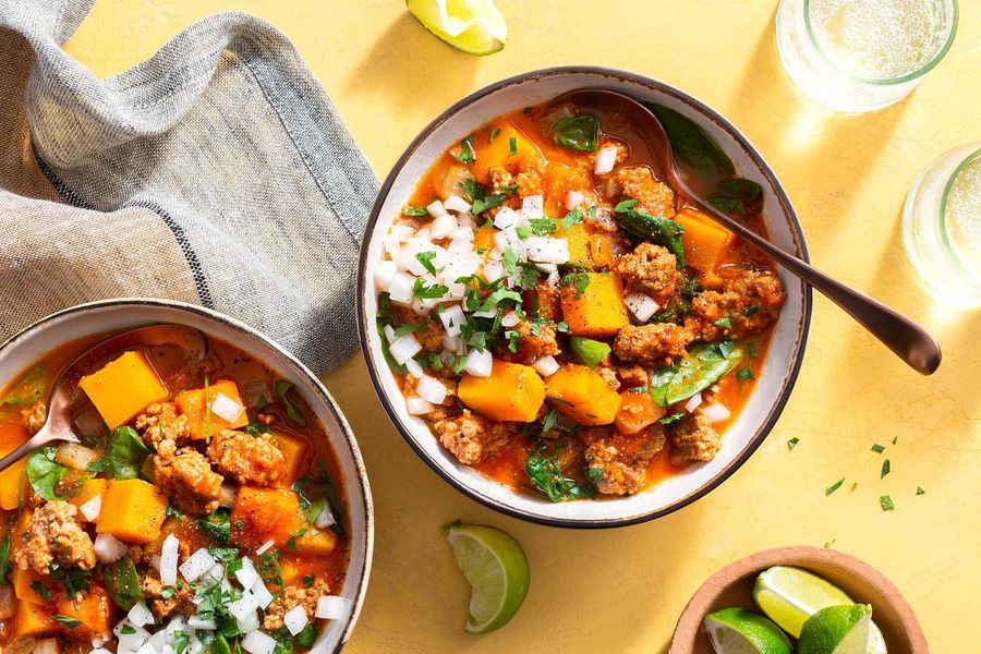 Smoky turkey chili with butternut squash and watercress image