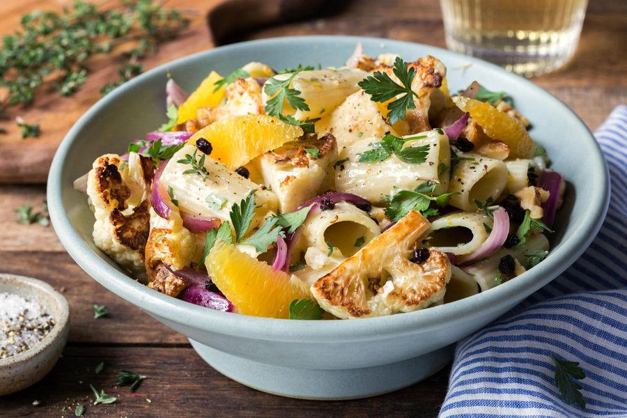 Sicilian rigatoni with orange segments and roasted cauliflower