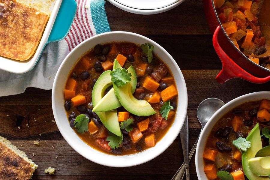 Sweet potato and black bean chili with gluten-free cornbread