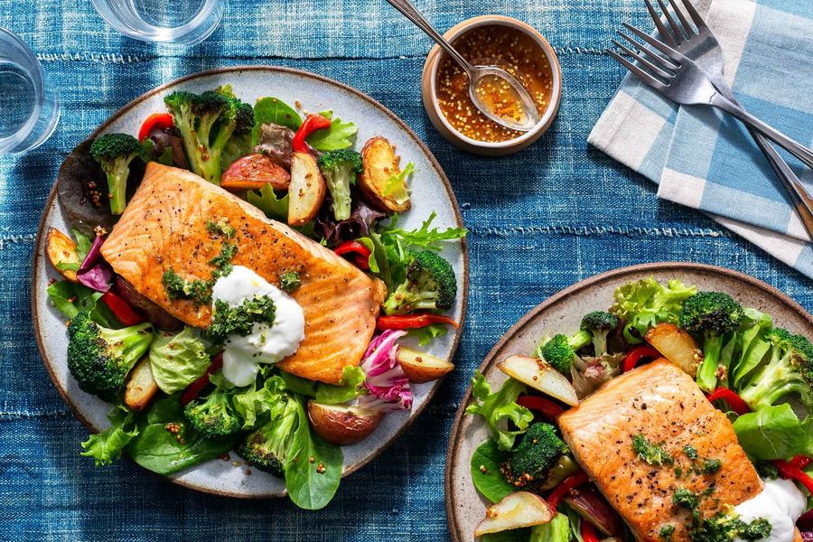 Salmon with roasted new potatoes and charred broccoli