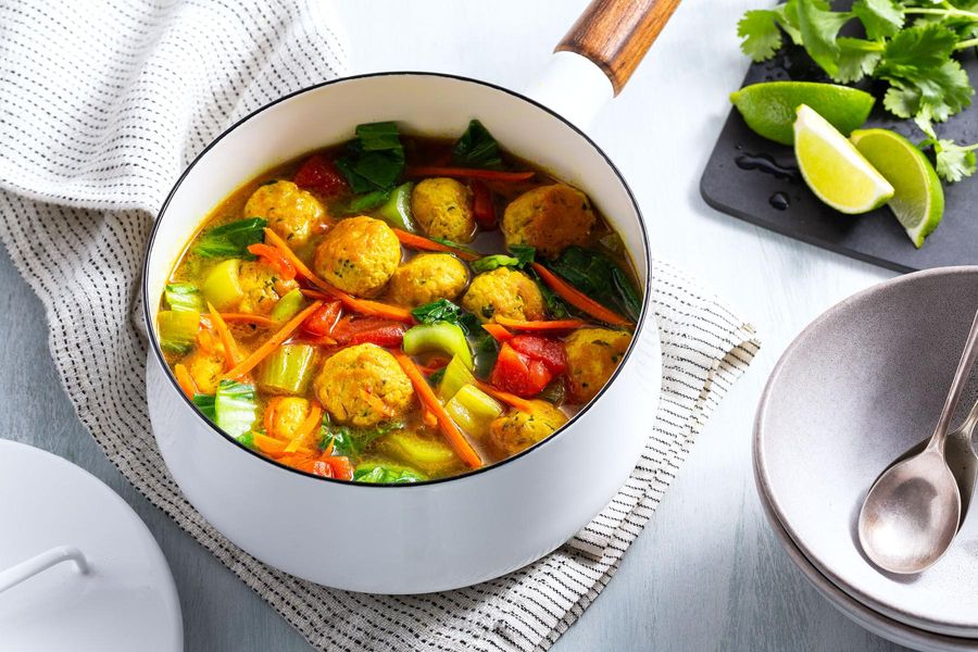 Turkey meatballs and baby bok choy in lemongrass broth