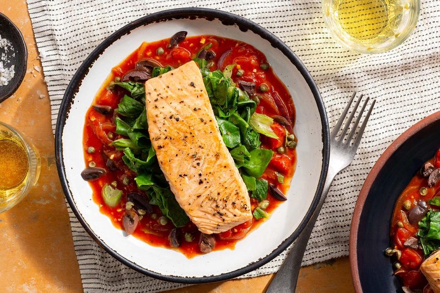 Salmon alla puttanesca with chard