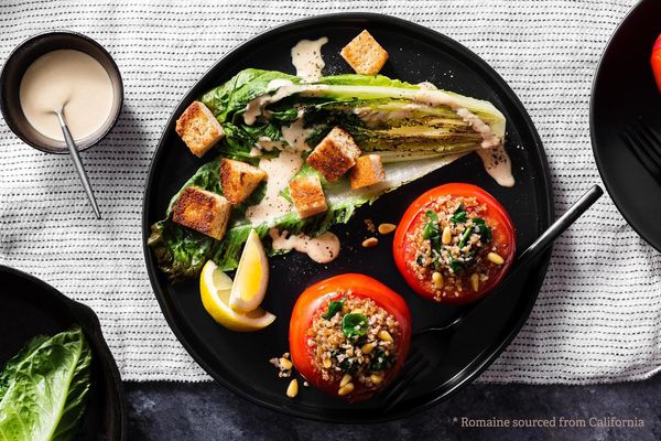 Vegan Caesar salad with stuffed tomatoes