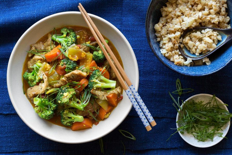 Japanese pork curry with broccoli and cauliflower “rice”