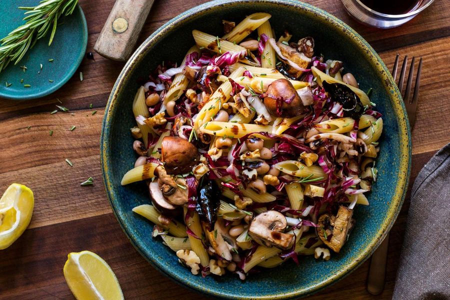 Penne with rosemary-roasted winter vegetables and balsamic-fig sauce