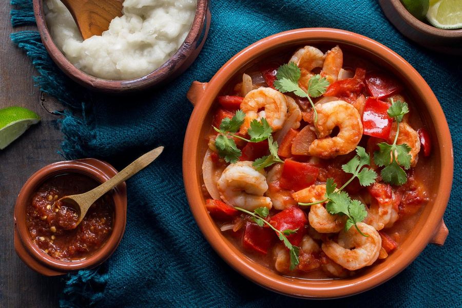 Spicy Brazilian shrimp moqueca with cauliflower mash