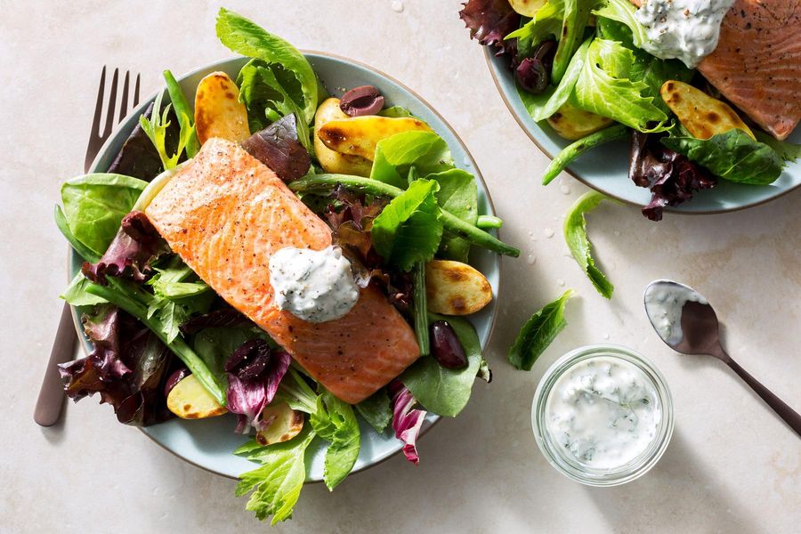 Salmon Niçoise with roasted potatoes and green beans