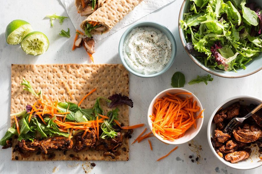 Musakhan chicken wraps with pickled carrots and lemon-dill yogurt