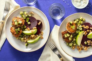 Turkey-apple patties with beet salad and cucumber salsa