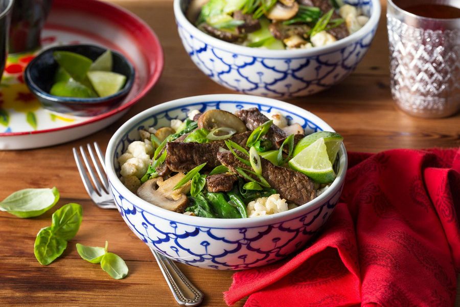 Lemongrass steak stir-fry over cauliflower “rice”